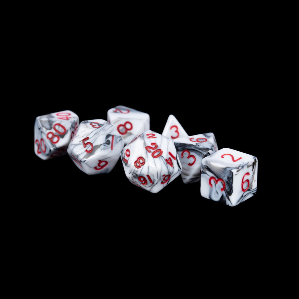MDG Resin Poly 7 piece dice set: Marble with Red
