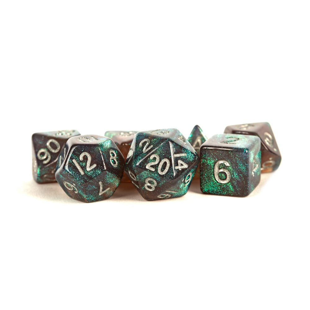 MDG Resin Poly 7 piece dice set: Stardust Gray with Silver
