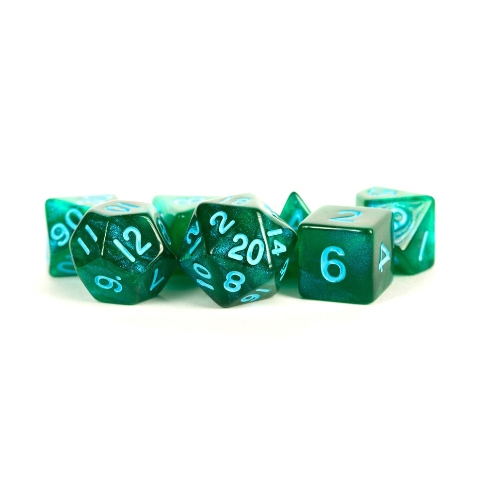 MDG Resin Poly 7 piece dice set: Stardust Green with Blue