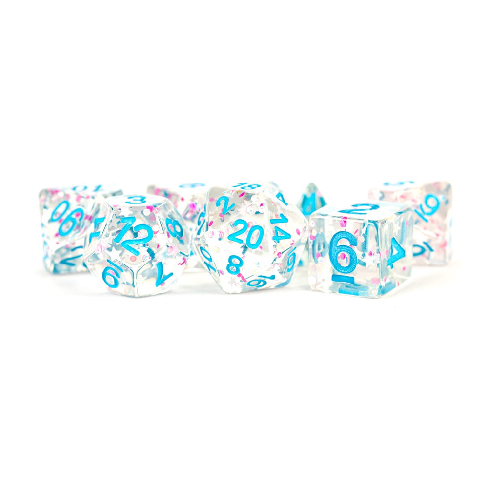 MDG Resin Poly 7 piece dice set: Clear Confetti