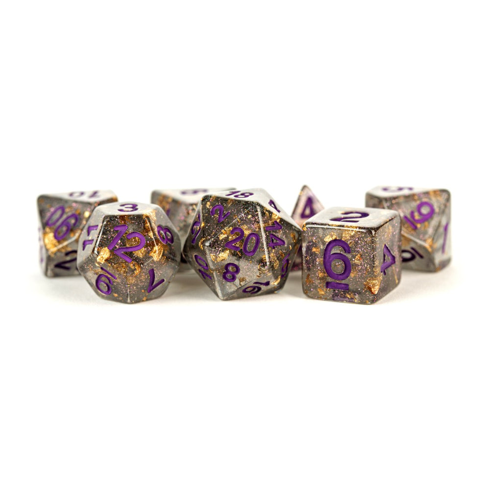MDG Resin Poly 7 piece dice set: Gold foil, Grey & Purple