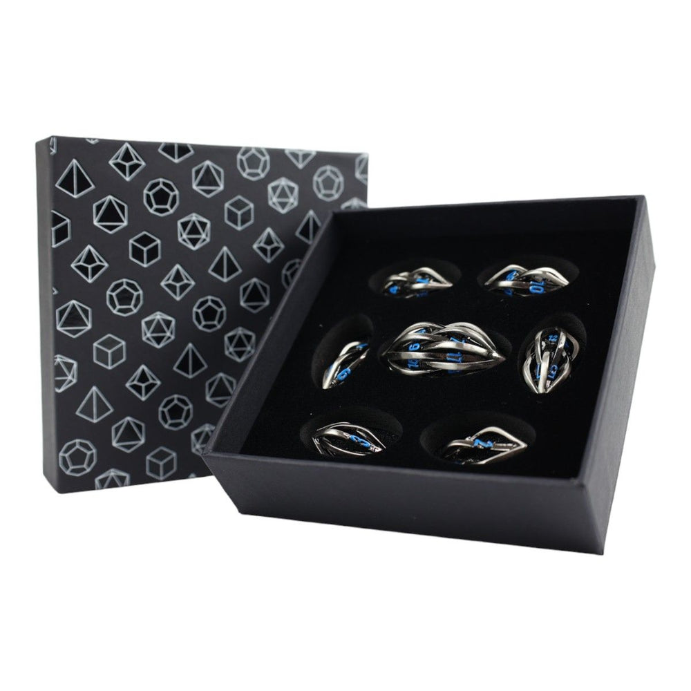 LPG RPG Dice set - Hollow Elliptic Stainless & Blue