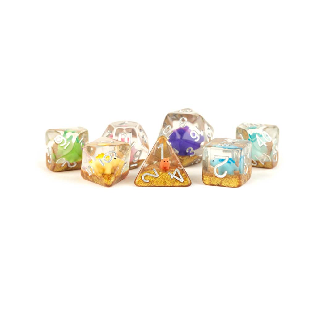 MDG Resin Poly 7 piece dice set: Rainbow Dinosaur Dice