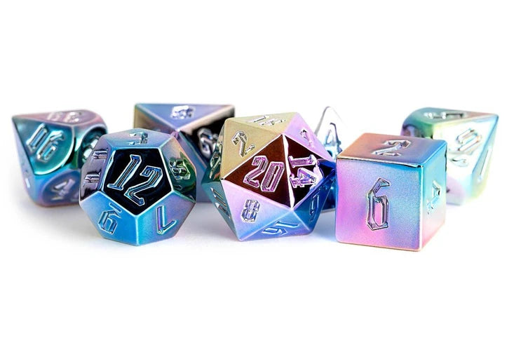 MDG Aluminium plated 7 piece dice set: Rainbow Aegis