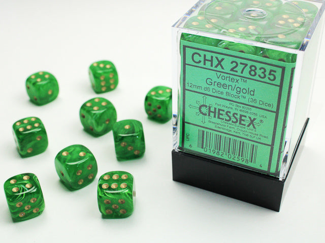 Chessex: Vortex, Green/Gold, 36, 12mm D6 Dice Block