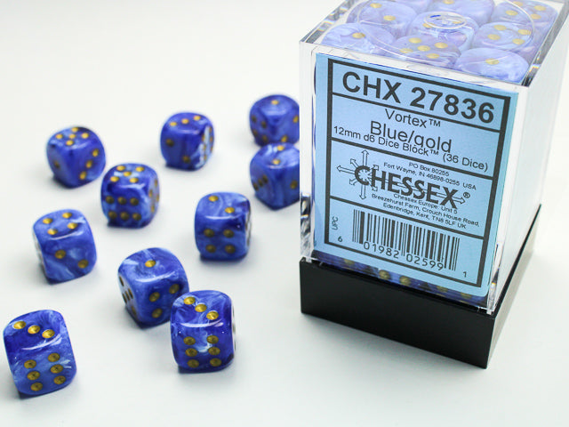 Chessex: Vortex, Blue/Gold, 36, 12mm D6 Dice Block