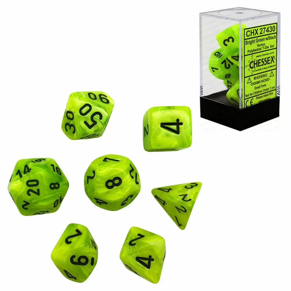 Chessex: Vortex Bright Green/Black 7 piece set